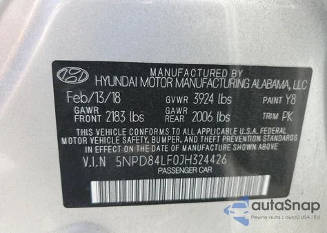 2018 Hyundai Elantra Sel z USA, uszkodzony, nr VIN 5NPD84LF0JH324426